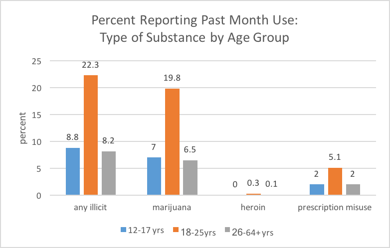 Patterns of past month illicit drug use by age group.