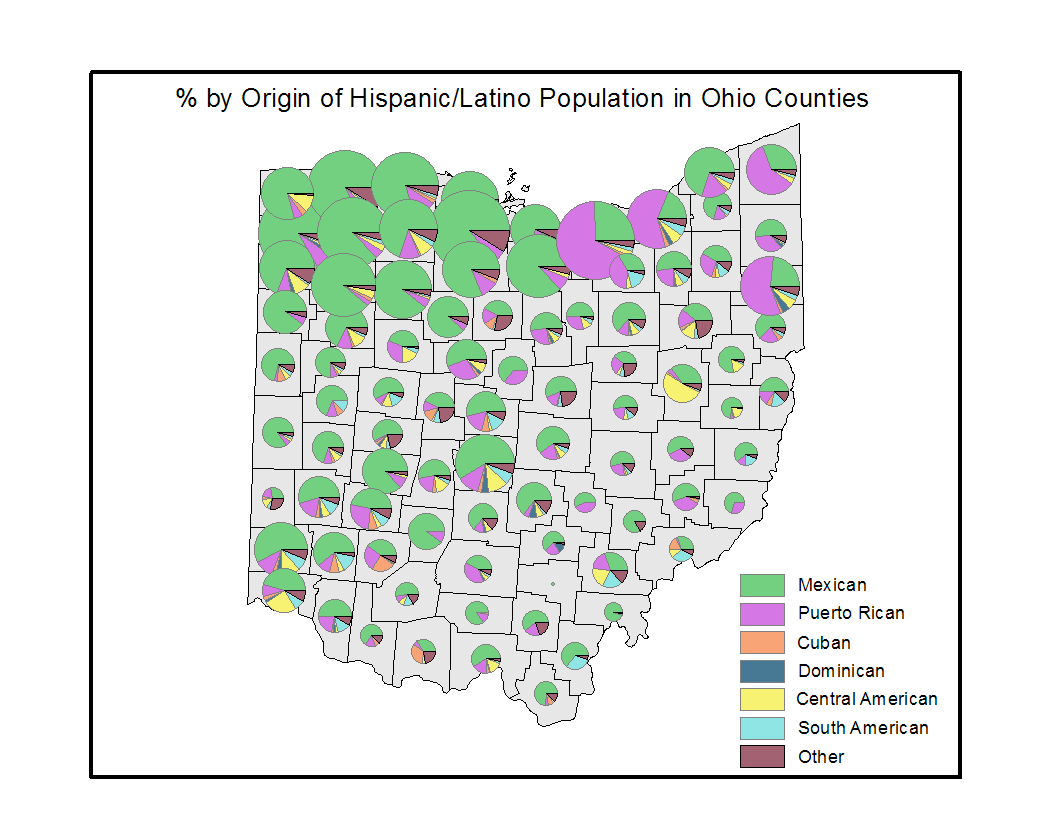 Map with a different chart showing nationality origins for each county in Ohio