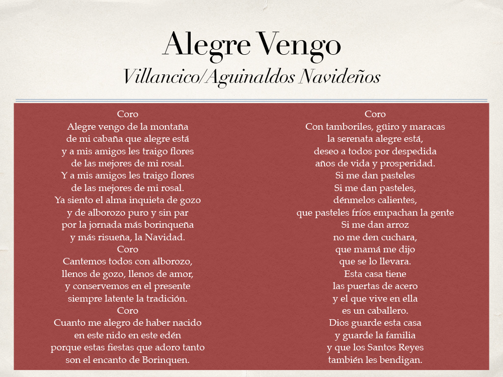 lyrics to the Christmas carol Alegre Vengo