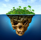 an island viewed from the side, where the bottom of it is a skull.