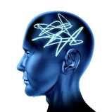 a human head with blue light tracing a random pattern in the head