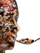 human head made of pills, eating a spoonful of more pills