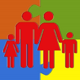 a girl, man, woman, and boy stick figures holding hands on a background of a 4-piece puzzle