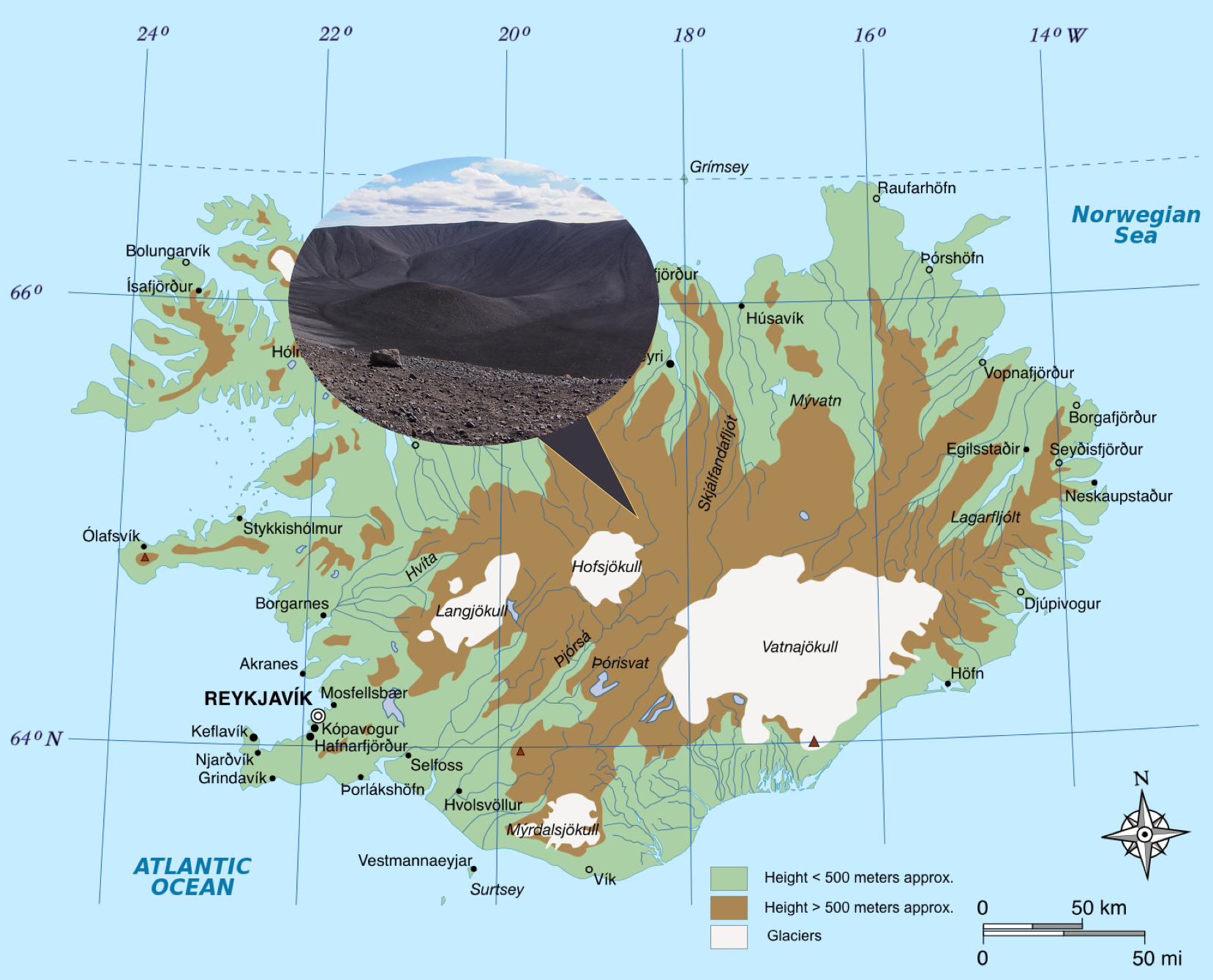 Figure 2. Map of the highlands of Iceland highlighting tephra, a dark, volcanic soil, present in these regions