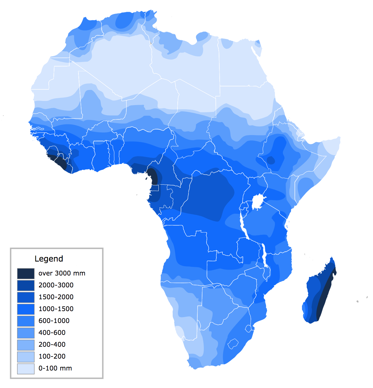 map of Africa with various shades of color highlighting the levels of rainfall