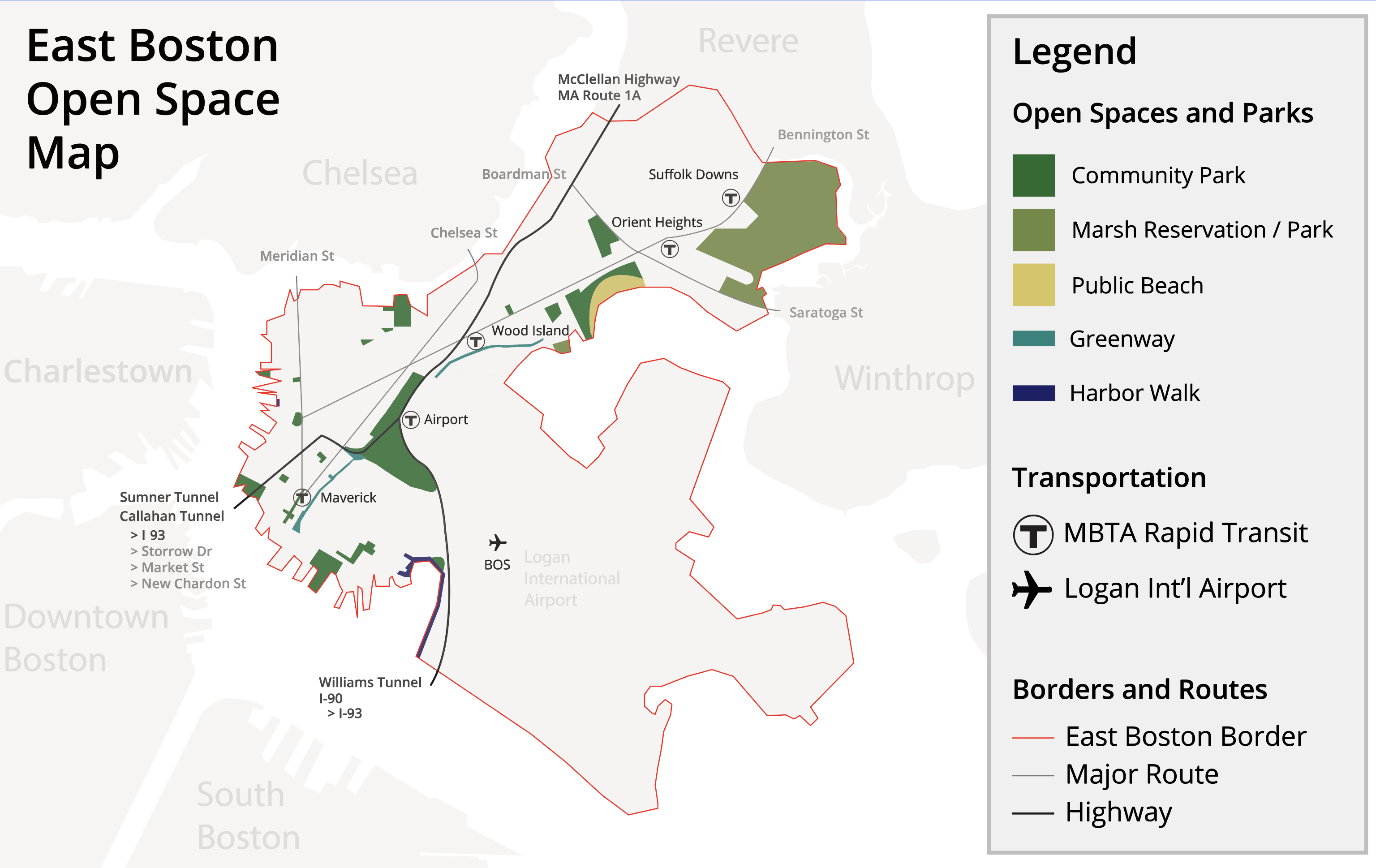 map with various types of open spaces in Boston designated by various colors, community park, marsh reservation, public beach, greenway, and a harbor walk