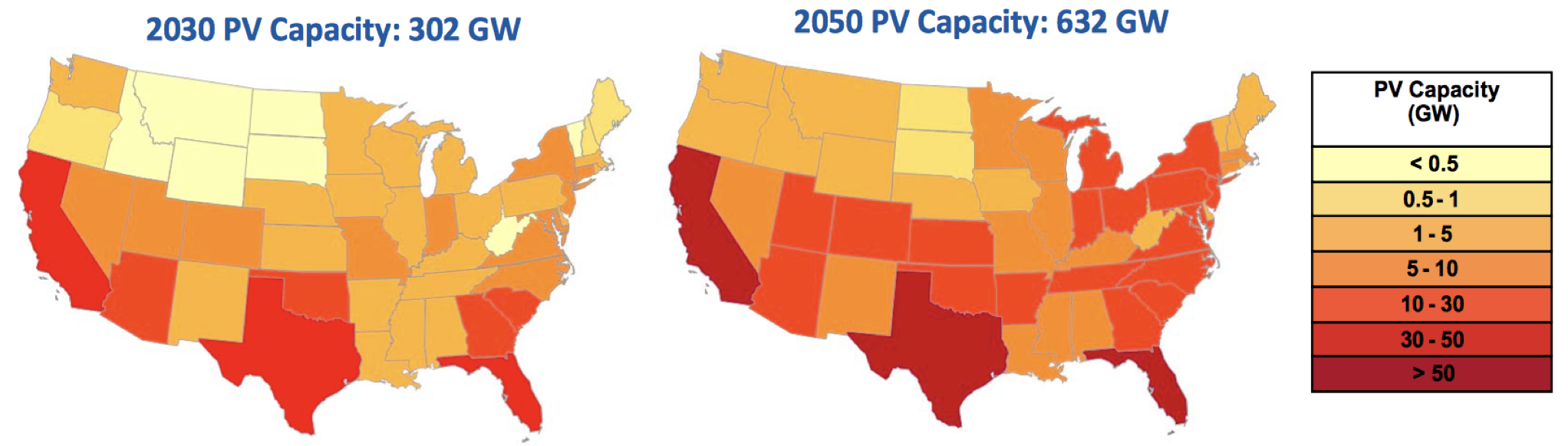 two maps of the United States showing the PV capacity in 2030 for a 302 GW system with varying shades of color and a 2050 PV capacity of 632 GW with darker shades of of color.